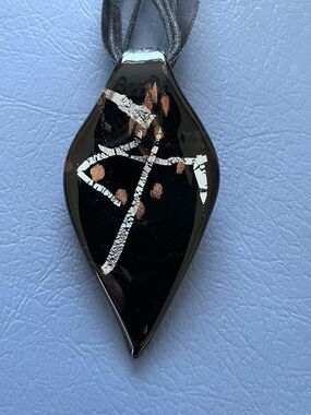Blown Glass Teardrop Pendant Necklace Handcrafted Black Silver Gold Abstract